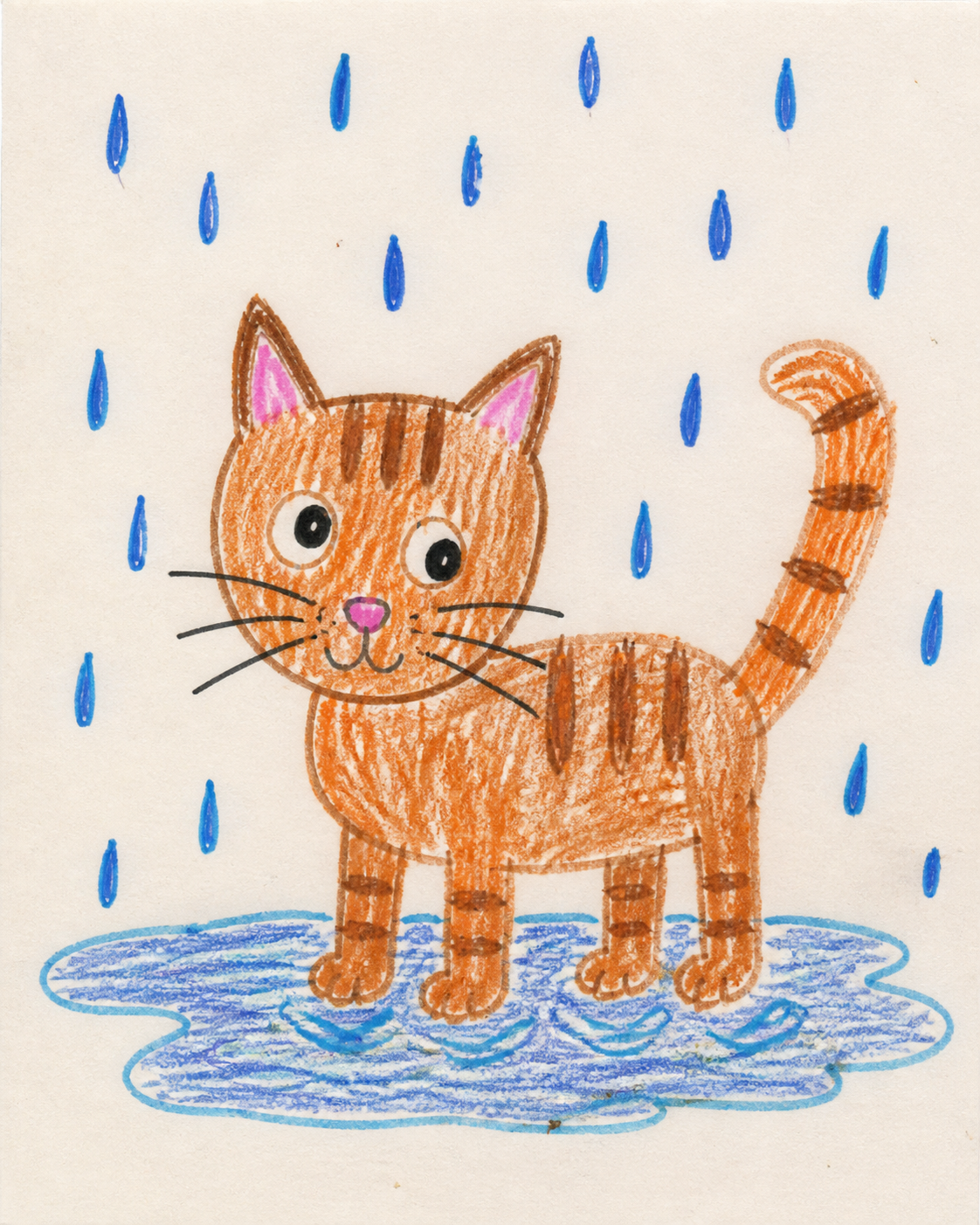 크레용과 사인펜으로 그린 비 오는 날의 고양이 샘플 그림, 티셔츠 적용 예시