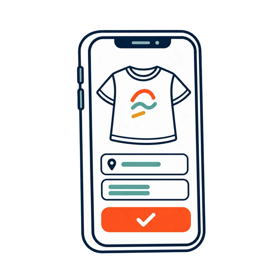 A smartphone showing a gift T-shirt and an address form
